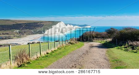 Walk To Cuckmere Haven Beach Near Seaford, East Sussex, England. South Downs National Park. View Of 