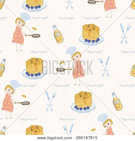 Cute Girl Cook With Pancake And Chef Hat Vector Illustration.