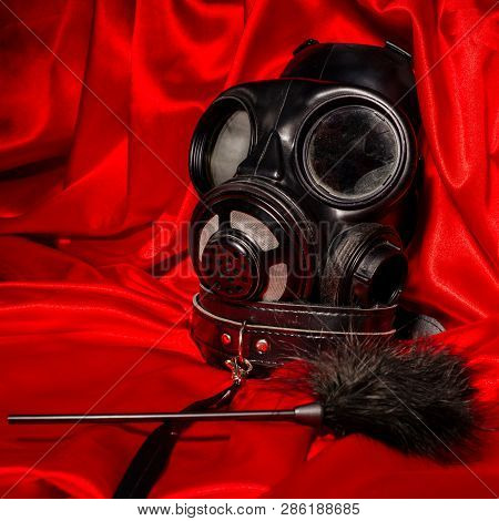 Close Up Bdsm Outfit. Bondage, Kinky Adult Sex Games, Kink And Bdsm Lifestyle Concept With Gas Mask,