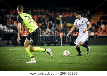 VALENCIA, SPAIN - FEBRUARY 21: Guedes with ball during UEFA Europa League match between Valencia CF and Celtic FC at Mestalla Stadium on February 21, 2019 in Valencia, Spain