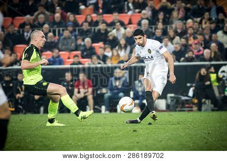 VALENCIA, SPAIN - FEBRUARY 21: Guedes with ball during UEFA Europa League match between Valencia CF and Celtic FC at Mestalla Stadium on February 21, 2019 in Valencia, Spain