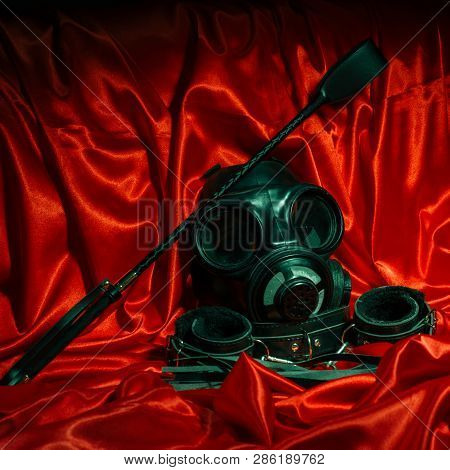 Close Up Bdsm Outfit. Bondage, Kinky Adult Sex Games, Kink And Bdsm Lifestyle Concept With Gas Mask,