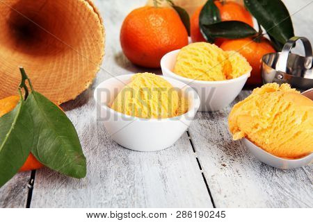 Scoop Of Tangarine Orange Ice Cream. Delicious Icecream Set
