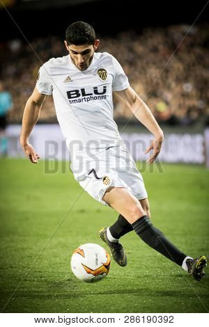 VALENCIA, SPAIN - FEBRUARY 21: Guedes during UEFA Europa League match between Valencia CF and Celtic FC at Mestalla Stadium on February 21, 2019 in Valencia, Spain