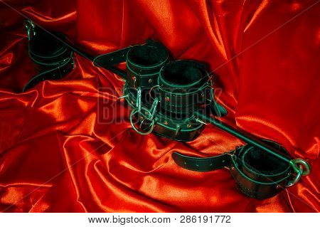 Close Up Bdsm Outfit. Bondage, Kinky Adult Sex Games, Kink And Bdsm Lifestyle Concept With A Pair Of