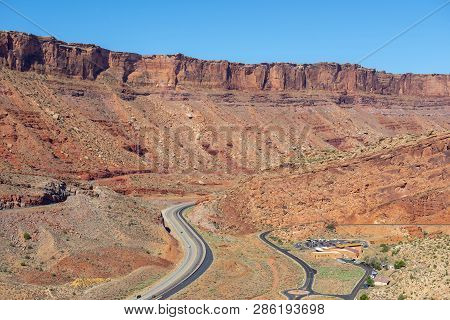 Mesa And Butte Landscape And Us Route 191 At The Entrance Of Arches National Park, Moab, Utah, Usa.