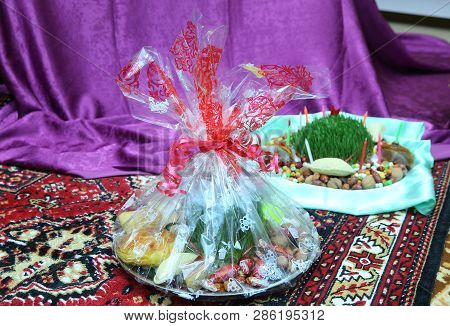 Novruz Concept Plate Of Traditional Azerbaijan Pastries Packlava And Shekerbura In Copper Vintage Tr