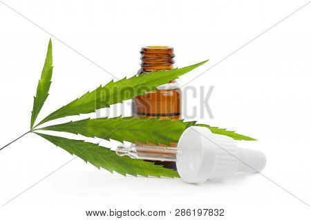 Dropper With Cbd Oil. Cannabis Cbd Bottle Isolated. Hemp Leaf. Medical Marijuana Concept