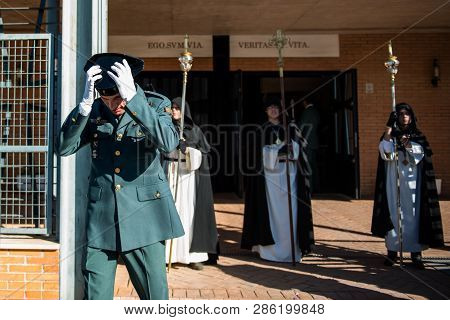 Caceres, Extremadura, Spain - April 08, 2017: The Dominican Brotherhood Of The Holy Christ Of The Vi