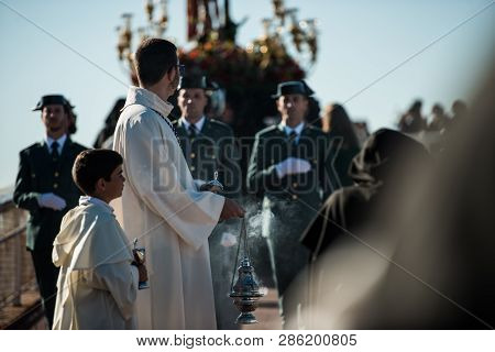 Caceres, Extremadura, Spain - April 08, 2017: The Dominican Brotherhood Of The Holy Christ Of The Vi