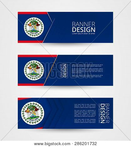 Set Of Three Horizontal Banners With Flag Of Belize. Web Banner Design Template In Color Of Belize F