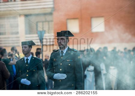Caceres, Extremadura, Spain - April 08, 2017: The Dominican Brotherhood Of The Holy Christ Of The Vi