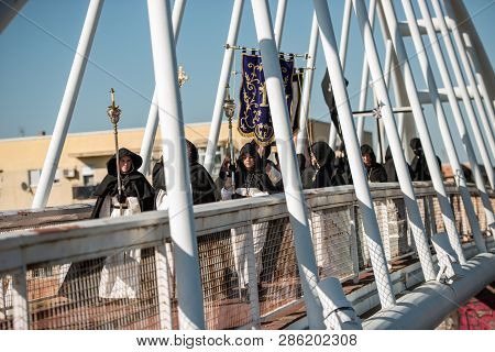 Caceres, Extremadura, Spain - April 08, 2017: The Dominican Brotherhood Of The Holy Christ Of The Vi