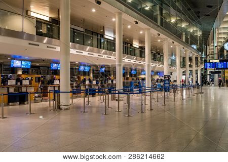 February 18, 2019. Kastrup Airport In Denmark, Copenhagen. Theme Transport And Architecture. Evening