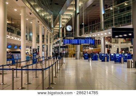 February 18, 2019. Kastrup Airport In Denmark, Copenhagen. Theme Transport And Architecture. Evening