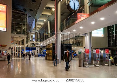 February 18, 2019. Kastrup Airport In Denmark, Copenhagen. Theme Transport And Architecture. Evening
