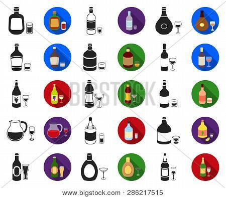 Types Of Alcohol Black, Flat Icons In Set Collection For Design. Alcohol In Bottles Vector Symbol St
