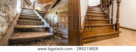 Comparison Of Modern Brown Wooden Oak Staircase With Carved Railing In New Renovated Apartment Inter