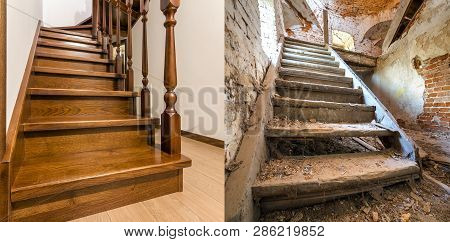 Comparison Of Modern Brown Wooden Oak Staircase With Carved Railing In New Renovated Apartment Inter