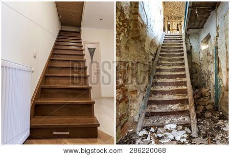 Comparison Of Modern Brown Wooden Staircase In New Renovated Apartment Interior And Old Ladder Stair