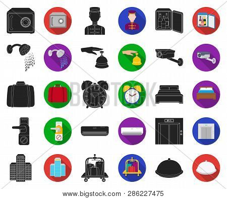 Hotel And Equipment Black, Flat Icons In Set Collection For Design. Hotel And Comfort Vector Symbol 