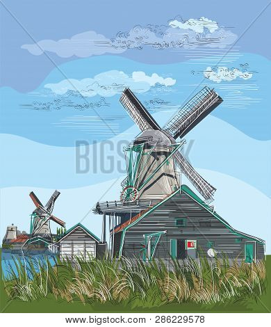 Vector Hand Drawing Illustration Of Watermill In Amsterdam (netherlands, Holland). Landmark Of Holla