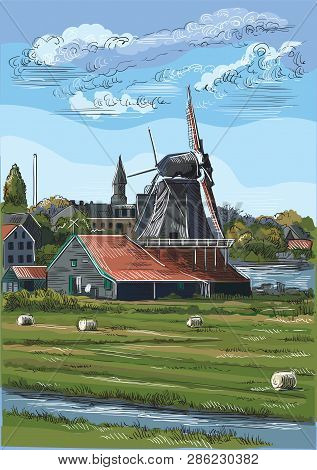 Vector Hand Drawing Illustration Of Watermill In Amsterdam (netherlands, Holland). Landmark Of Holla
