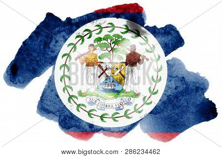 Belize Flag  Is Depicted In Liquid Watercolor Style Isolated On White Background