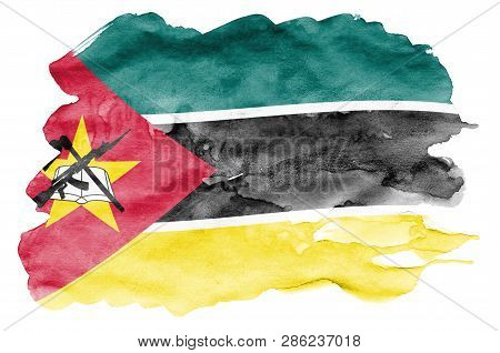 Mozambique Flag  Is Depicted In Liquid Watercolor Style Isolated On White Background