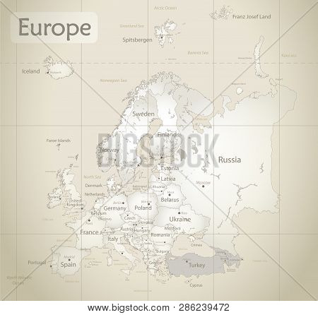 Europe Map, New Political Detailed Map, Separate Individual States, With State City And Sea Names, O