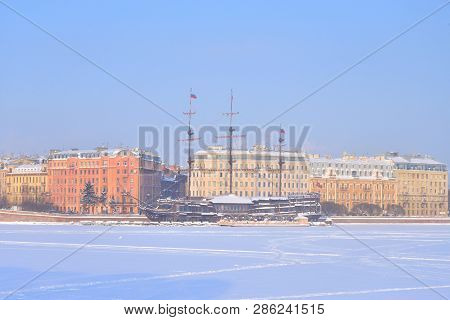 View Of Neva River And Mytninskaya Quay On Petrograd Side In Center Of St.petersburg At Sunny Winter