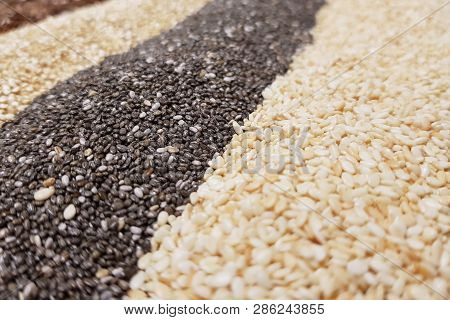 Healthy Superfood: Flax Seeds, Chia Seeds And Quinoa Seeds Close-up