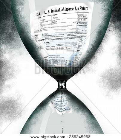 A Federal Income Tax 1040A Form Is Squeezing Through An Hourglass Timer As The Tax Filing Deadline N
