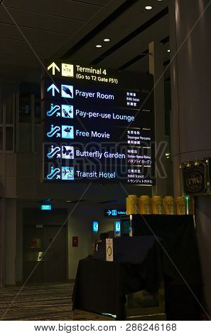 Singapore Airport / Singapore - Feb 12 2019: Sign Board Pointing At Terminal, Prayer Room, Lounge, F