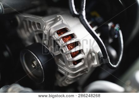 new car alternator, close-up view