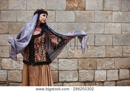 Young Azeri Woman In Traditional Azerbaijani Dress Is Dancing Traditional Azeri Dance