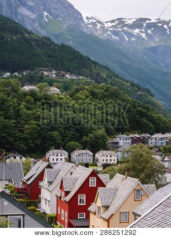 Typical, traditional Scandinavian architecture. Norwegian mountain village in summer. Odda, Norway
