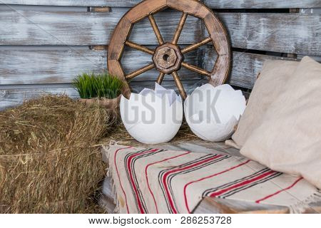 Egg Shell Broken Crack On Hay Background, Easter Concept.big Cracked Shell , Ostrich Egg. Decoration