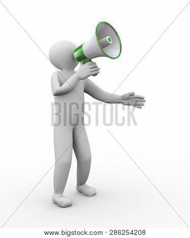 3d Illustration Of Person Yelling Through Megaphone. 3d Human Person Character And White People.