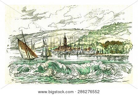 The Bore of the Seine in Caudebec, vintage engraved illustration. From Natural Creation and Living Beings.