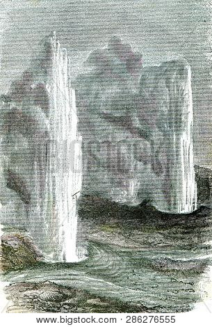 The great geysers of Iceland, vintage engraved illustration. From Natural Creation and Living Beings.