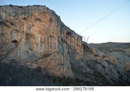 Beautiful Caves Excavated In The Mountain In Alquezar. Landscapes, Nature, History, Architecture. De
