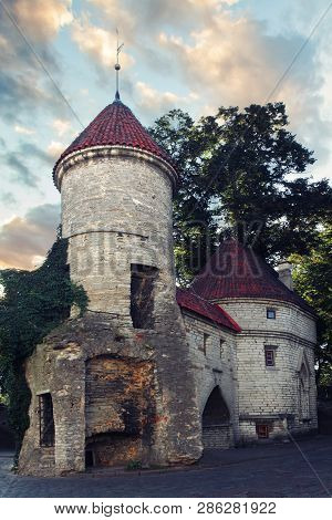 Viru Gate, Tallinn, Estonia. Old Town Of Touristic City Tallinn