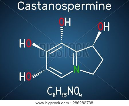 Castanospermine Indolizidine Alkaloid Molecule. Structural Chemical Formula On The Dark Blue Backgro