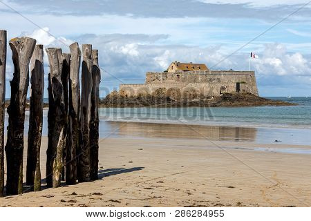 View Of The Fort National In Saint Malo A Tidal Island In The English Channel At High Tide. Brittany