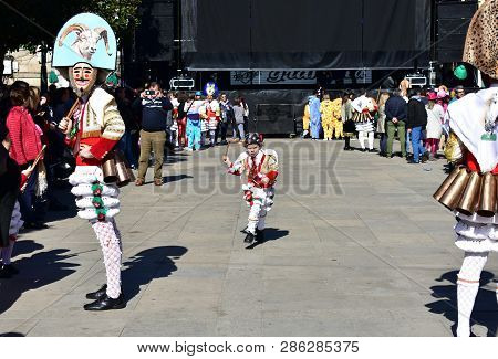 Verin, Spain, 24 Feb 2019. Famous Carnival And Street Parade With Cigarrons Costumes. Ourense Provin