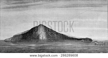 Trench produced by the eruption of 1883 Krakatoa volcano in the Strait of Sunda, vintage engraved illustration. From the Universe and Humanity, 1910.
