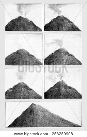 Modification of the summit of Vesuve from July 8 to October 29, 1767, vintage engraved illustration. From the Universe and Humanity, 1910.
