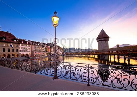 Kapelbrucke In Lucerne Famous Swiss Landmark Dawn View, Famous Landmarks Of Switzerland