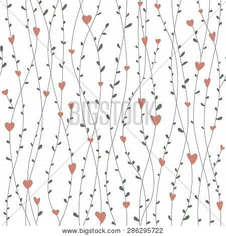 Cute Seamless Pattern With Hearts Branches For Retro Wallpapers, Textile Prints, Or Cards. Vector Il